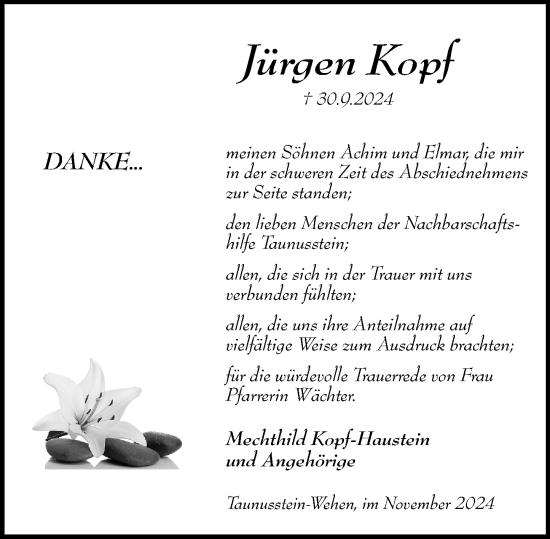 Traueranzeige von Jürgen Kopf von Wiesbadener Kurier