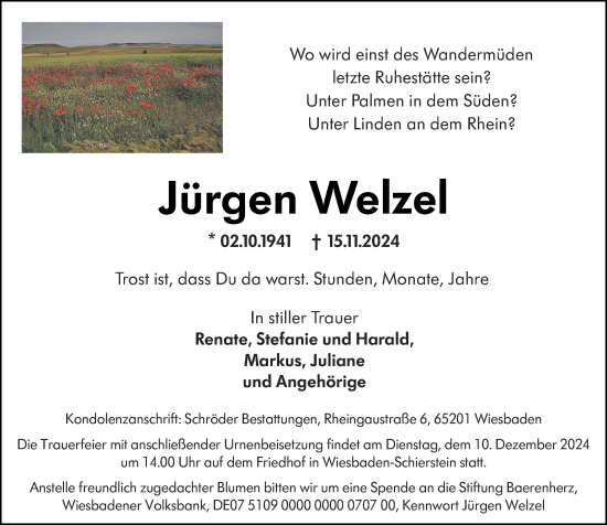 Traueranzeige von Jürgen Welzel von Wiesbadener Kurier