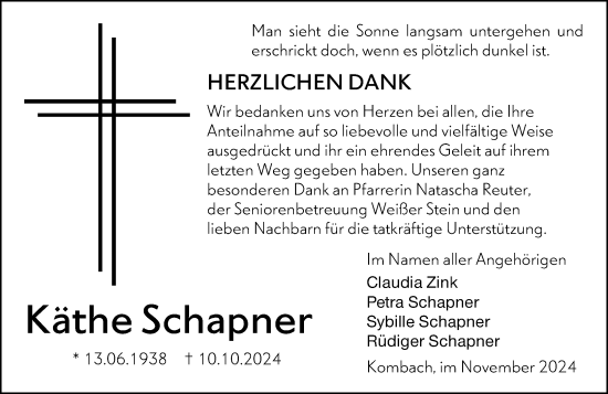 Traueranzeige von Käthe Schapner von Hinterländer Anzeiger