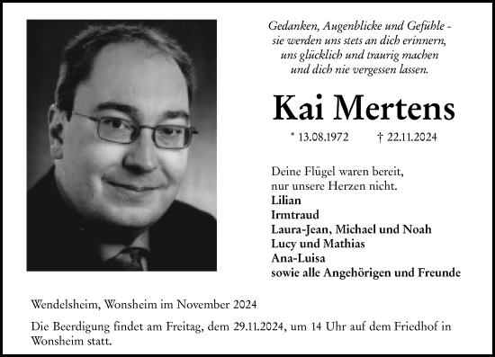 Traueranzeige von Kai Mertens von Allgemeine Zeitung Alzey