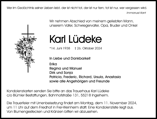 Traueranzeige von Karl Lüdeke von Allgemeine Zeitung Rheinhessen-Nahe