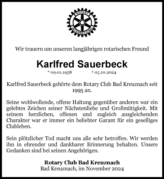Traueranzeige von Karlfred Sauerbeck von Allgemeine Zeitung Rheinhessen-Nahe