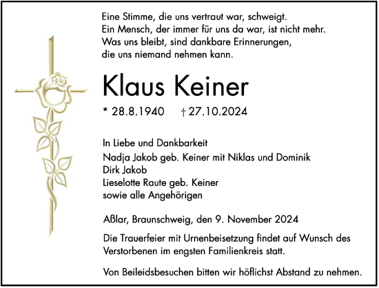 Traueranzeige von Klaus Keiner von Wetzlarer Neue Zeitung