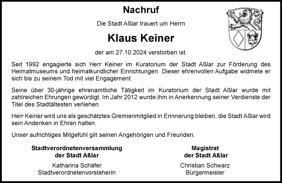 Traueranzeige von Klaus Keiner von Wetzlarer Neue Zeitung