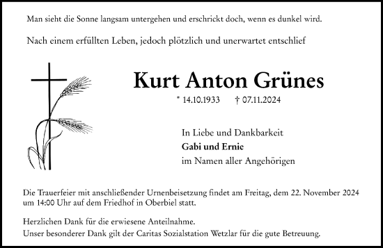 Traueranzeige von Kurt Anton Grünes von Wetzlarer Neue Zeitung