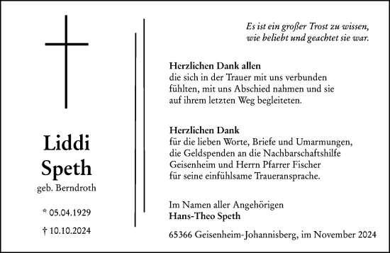 Traueranzeige von Liddi Speth von Rheingau Kurier