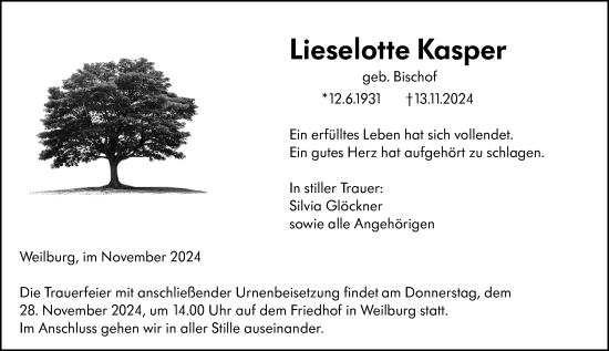Traueranzeige von Lieselotte Kasper von Weilburger Tageblatt