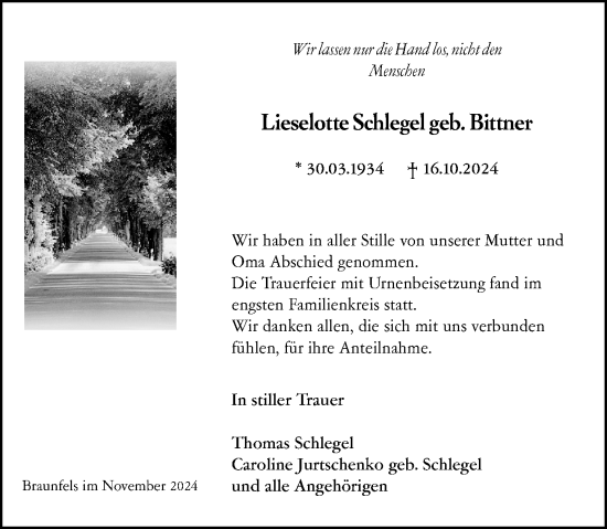 Traueranzeige von Lieselotte Schlegel von Wetzlarer Neue Zeitung