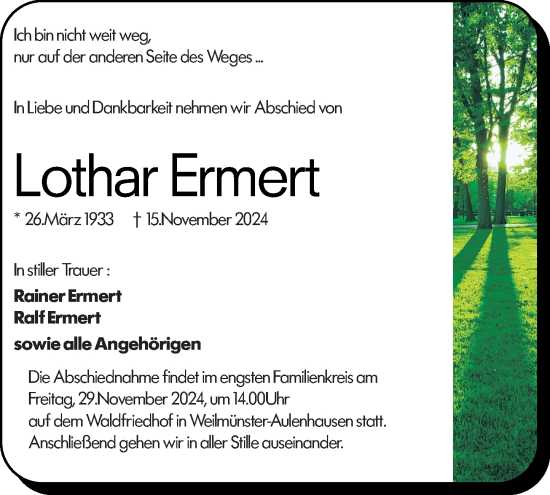 Traueranzeige von Lothar Ermert von Weilburger Tageblatt
