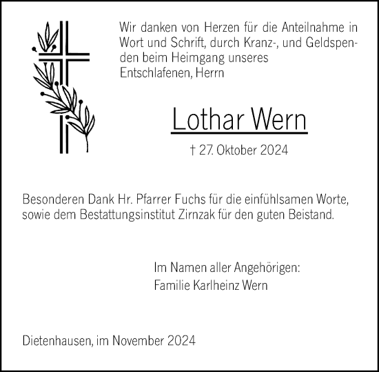 Traueranzeige von Lothar Wern von Weilburger Tageblatt