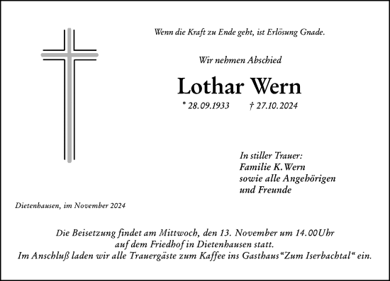 Traueranzeige von Lothar Wern von Weilburger Tageblatt