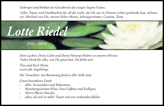 Traueranzeige von Lotte Riedel von Wormser Zeitung