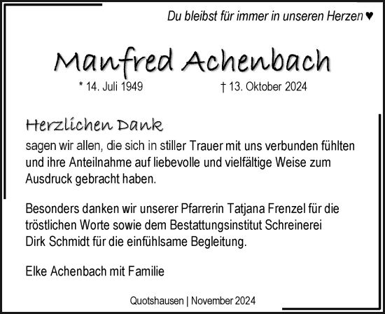 Traueranzeige von Manfred Achenbach von Hinterländer Anzeiger