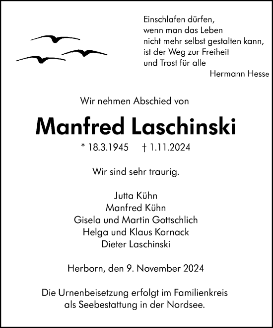 Traueranzeige von Manfred Laschinski von Dill Block