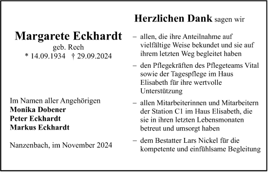 Traueranzeige von Margarete Eckhardt von Dill Block