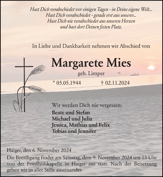 Traueranzeige von Margarete Mies von Dill Block