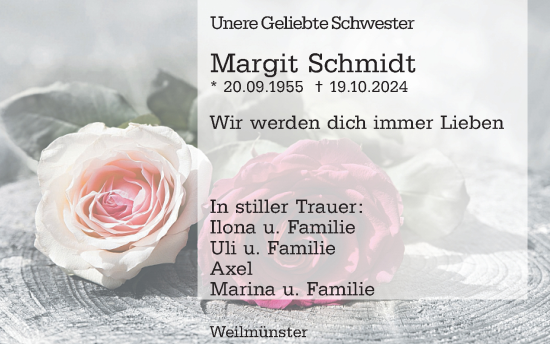 Traueranzeige von Margit Schmidt von Weilburger Tageblatt