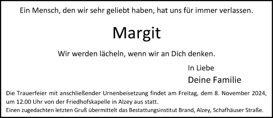 Traueranzeige von Margit Schmidt von Allgemeine Zeitung Alzey