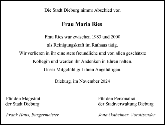 Traueranzeige von Maria Ries von Dieburger Anzeiger/Groß-Zimmerner Lokal-Anzeiger