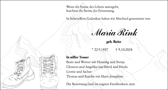 Traueranzeige von Maria Rink von Allgemeine Zeitung Mainz