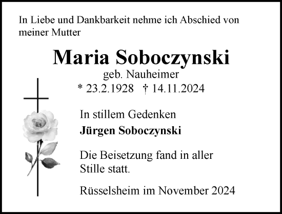 Traueranzeige von Maria Soboczynski von Rüsselsheimer Echo