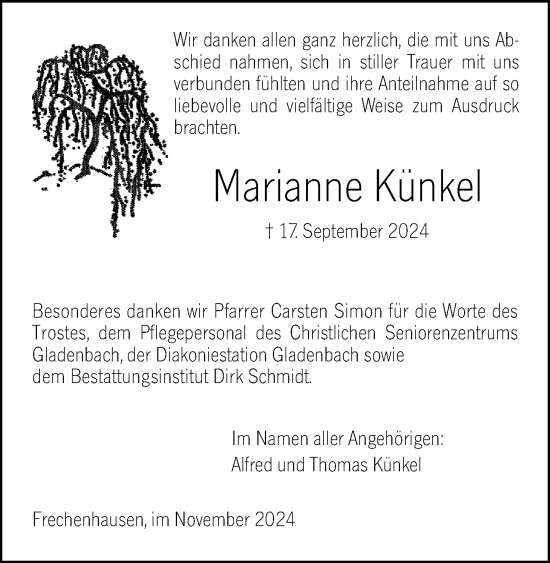 Traueranzeige von Marianne Künkel von Hinterländer Anzeiger