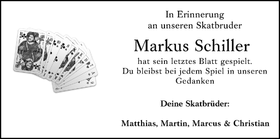 Traueranzeige von Markus Schiller von Hinterländer Anzeiger