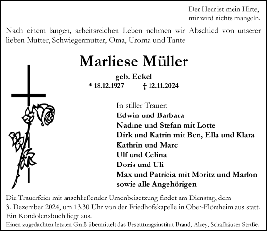 Traueranzeige von Marliese Müller von Allgemeine Zeitung Alzey