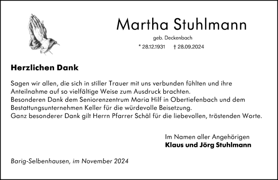 Traueranzeige von Martha Stuhlmann von Weilburger Tageblatt