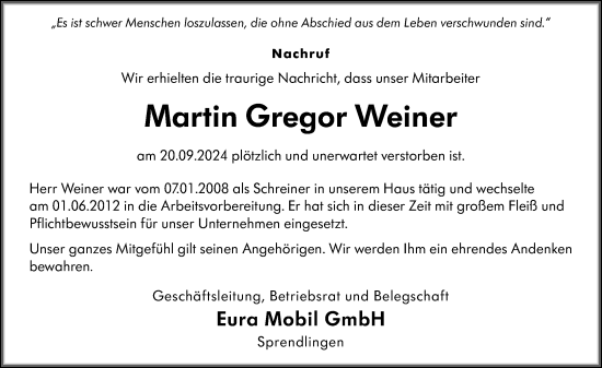 Traueranzeige von Martin Gregor Weiner von Binger-/Ingelheimer Wochenblatt