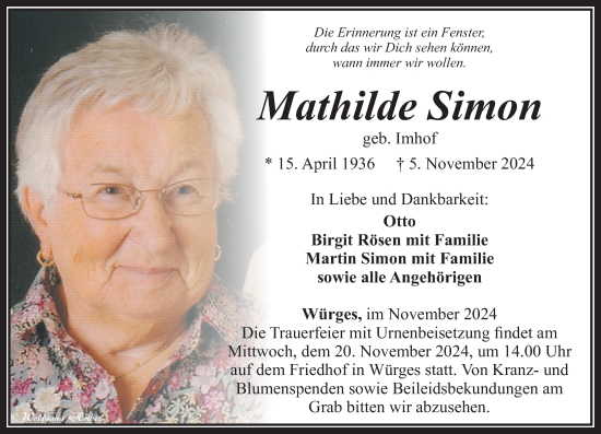 Traueranzeige von Mathilde Simon von Camberger Anzeiger