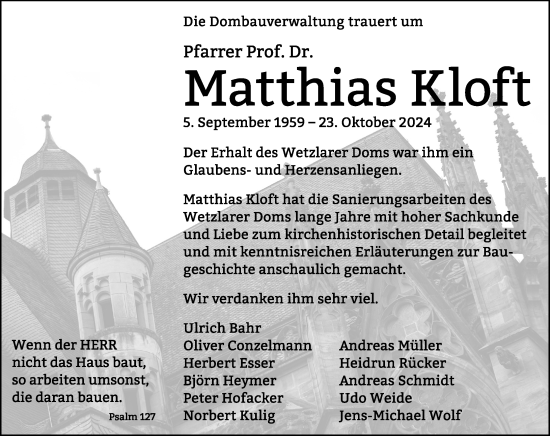 Traueranzeige von Matthias Kloft von Wetzlarer Neue Zeitung
