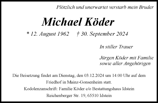 Traueranzeige von Michael Köder von Allgemeine Zeitung Mainz