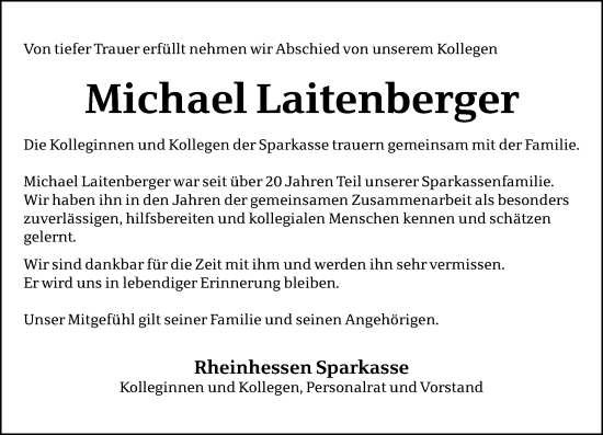 Traueranzeige von Michael Laitenberger von Wormser Zeitung