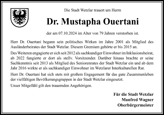 Traueranzeige von Mustapha Ouertani von Wetzlarer Neue Zeitung