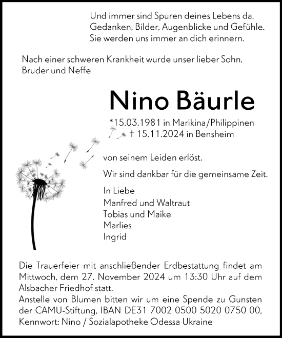 Traueranzeige von Nino Bäurle von Darmstädter Echo