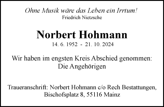 Traueranzeige von Norbert Hohmann von Allgemeine Zeitung Mainz