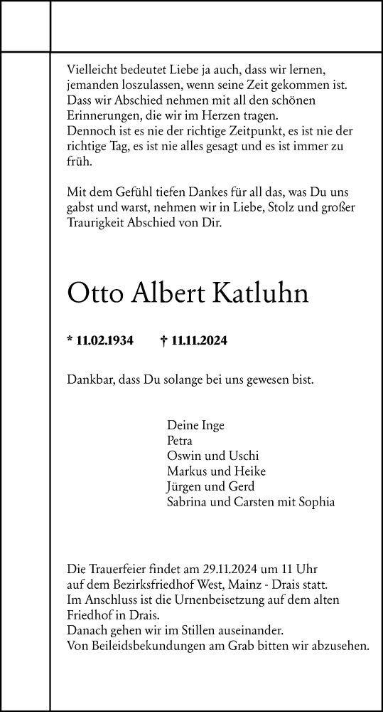 Traueranzeige von Otto Albert Katluhn von Allgemeine Zeitung Mainz