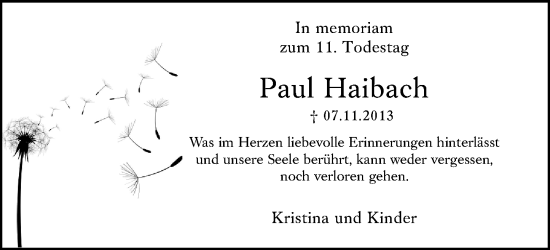Traueranzeige von Paul Haibach von Wiesbadener Kurier