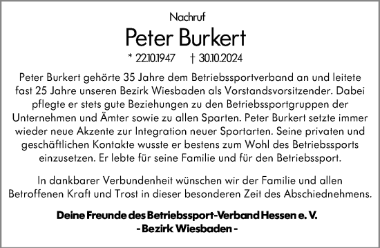 Traueranzeige von Peter Burkert von Wiesbadener Kurier