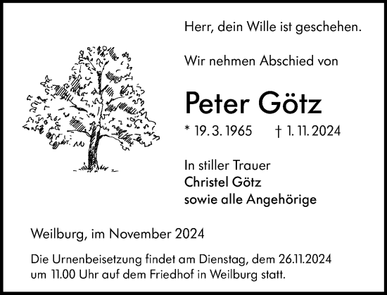 Traueranzeige von Peter Götz von Weilburger Tageblatt