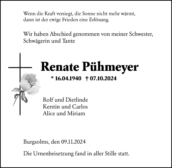 Traueranzeige von Renate Pühmeyer von Wetzlarer Neue Zeitung