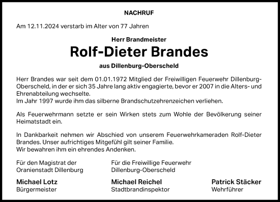 Traueranzeige von Rolf-Dieter Brandes von Dill Block