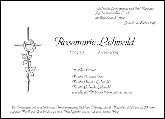 Traueranzeige von Rosemarie Lehwald von Darmstädter Echo