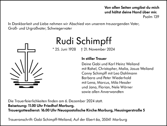 Traueranzeige von Rudi Schimpff von Hinterländer Anzeiger