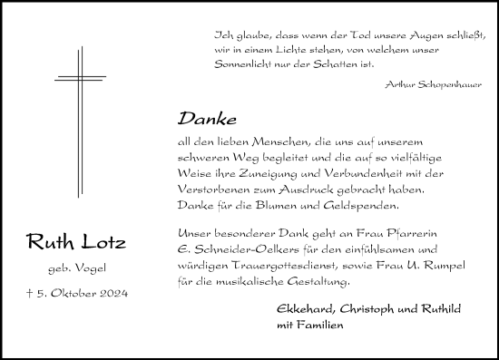 Traueranzeige von Ruth Lotz von Rüsselsheimer Echo