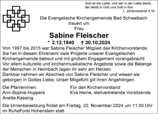Traueranzeige von Sabine Fleischer von Idsteiner Land/Untertaunus