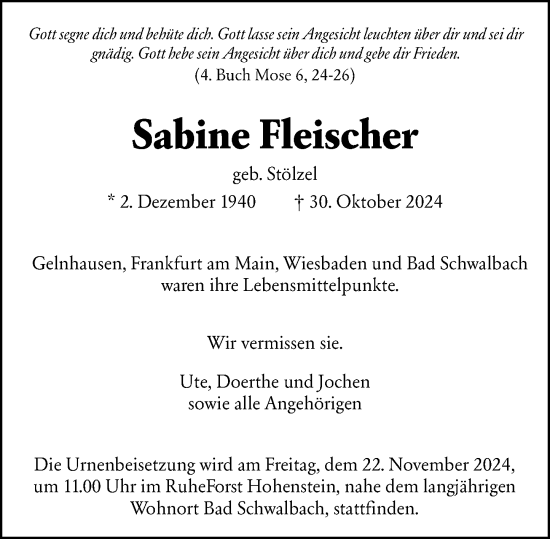 Traueranzeige von Sabine Fleischer von Wiesbadener Kurier