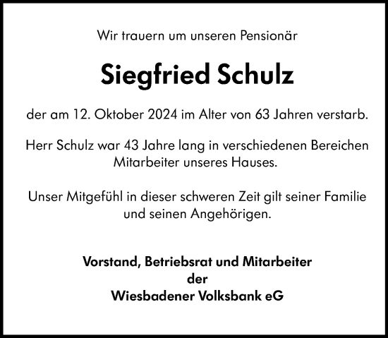 Traueranzeige von Siegfried Schulz von Wiesbadener Kurier
