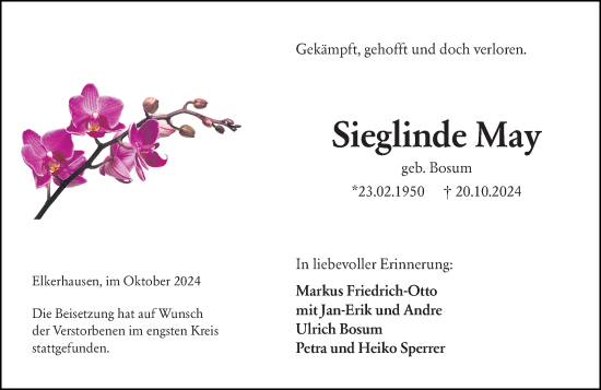Traueranzeige von Sieglinde May von Weilburger Tageblatt